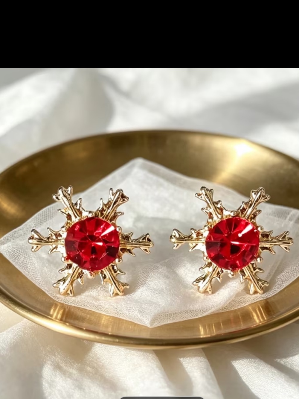 Gold Snowflake Earrings with Red Crystal Centers - Women Jewelry